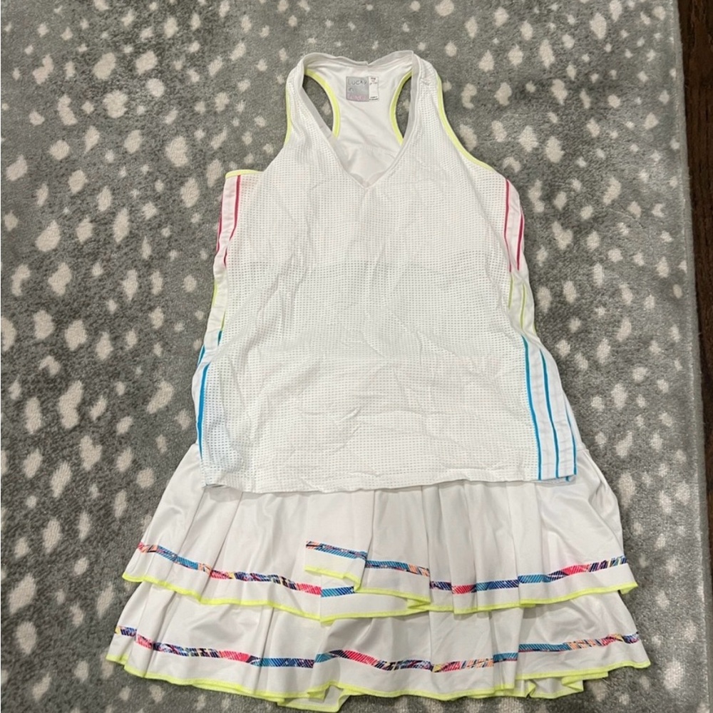 Lucky in Love White Pickleball or Tennis Skirt Set with Neon Accents